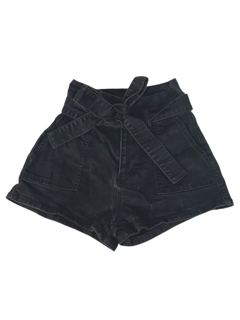 Refuge Paper Bag High Waist Black Denim Shorts With Tie Belt Size 1
